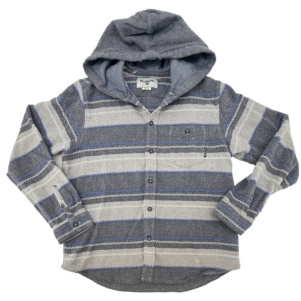 Billabong Boys Youth Large Hooded Flannel Shirt Gray Striped Button Front Surf